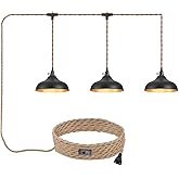 ALAISLYC 3 Light Plug in Pendant Lights Dome Hanging Lamp with Switch 22 Ft Long Hemp Rope Farmhouse Pndant Light Cord Lighti