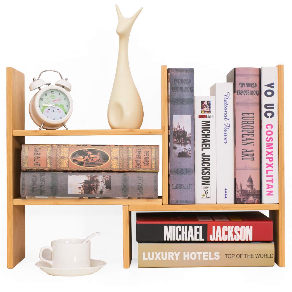 YEAKOO Bamboo Desk Rack, Desk Storage Organizer Adjustable Desktop Bookshelf Display Shelf Rack Multipurpose Display for Home Kitchen Office Storage Books Flowers and Plants