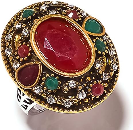 Turkish Style! Handmade Jewelry! Dyed Emerald+Ruby Silver Plated+Brass 14 Grams Ring Size 10 US