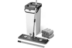 O-MART Mop & Bucket Set, Hands Free Flat Wet Dry Mop with Wringer, Separates Dirty & Clean Water, 360° Rotating, Microfiber Pads for Floor & Wall Cleaning(Mop and Bucket Set with 6 Pads)