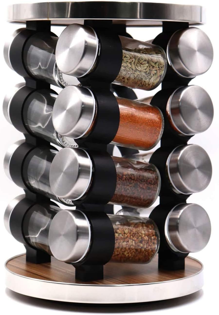 16 Glass Jars Spice Rack Set Spice Rack, Revolving Round Stand Holder