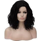 Cying Lin Short Bob Wavy Curly Wig Black Wig For Women Cosplay Halloween Wigs Heat Resistant Bob Party Wig Include Wig Cap (Dark Black)