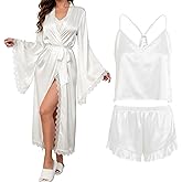Didaey Women's Silk Satin Pajama Sets 3pcs Cami Shorts Sleepwear with Robe Sexy Pj Sets Honeymoon Essentials Valentines Gift