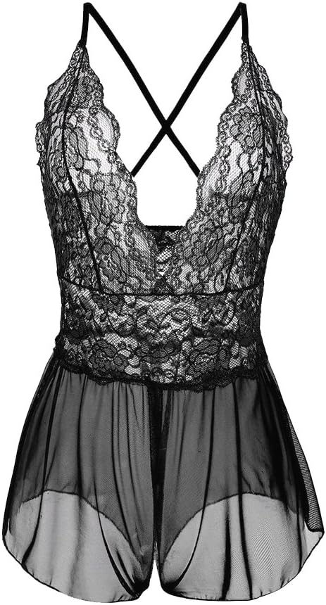 Women's Lingerie SpicyIzzy Open Crotch See Through Underwear One Piece V-String Lace Mess Crotchless Miniskirt Undergarment Babydoll Dress Plus Size (M, Black)