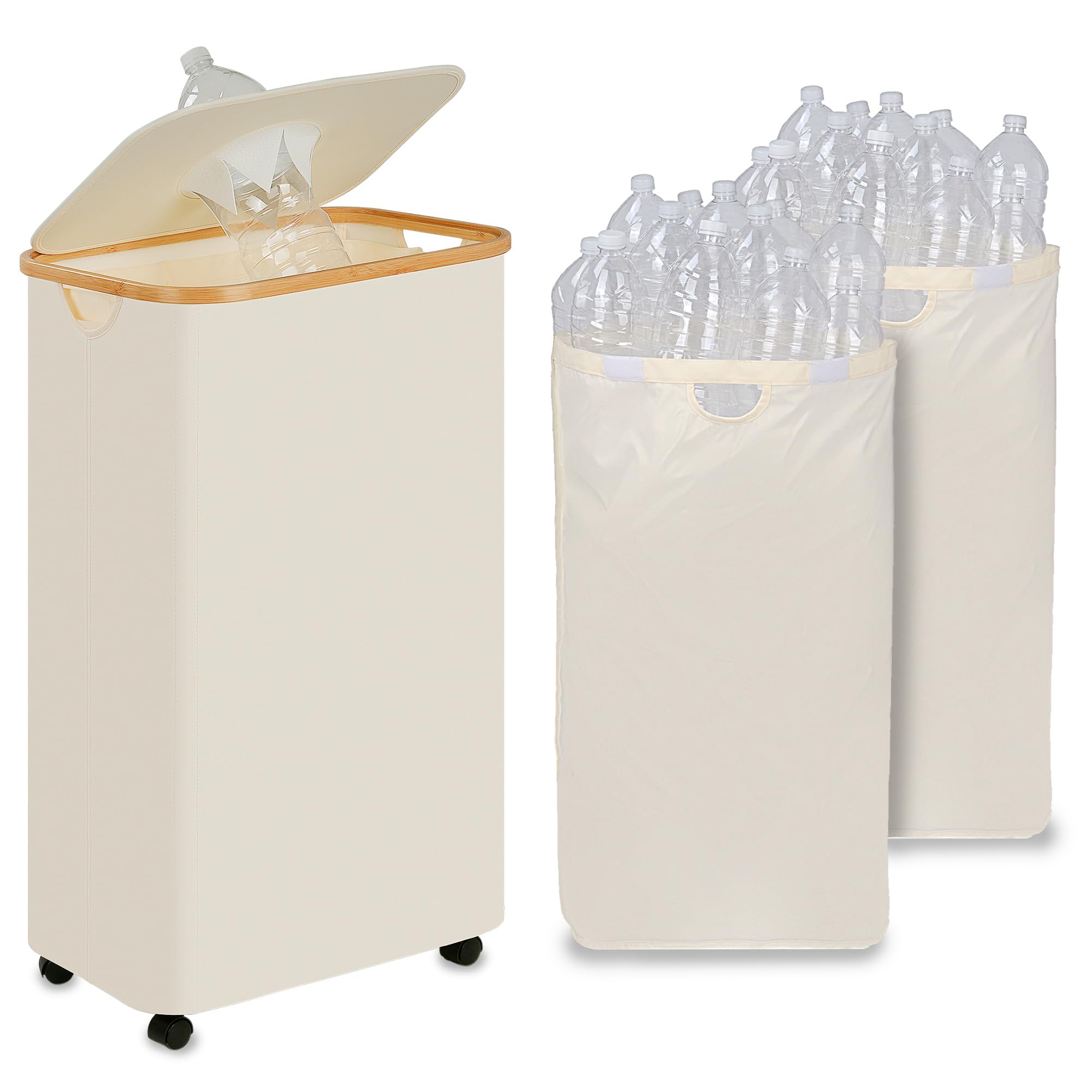 Photo 1 of iEGrow Recycling Bin for Kitchen, Indoor Home Recycle Bins with Wheel, 29 Gallons Large Recycling bin with 2 Removeable Reusable Inner Bags, for Bottles Cans Glass Plastice Cartons(Beige)