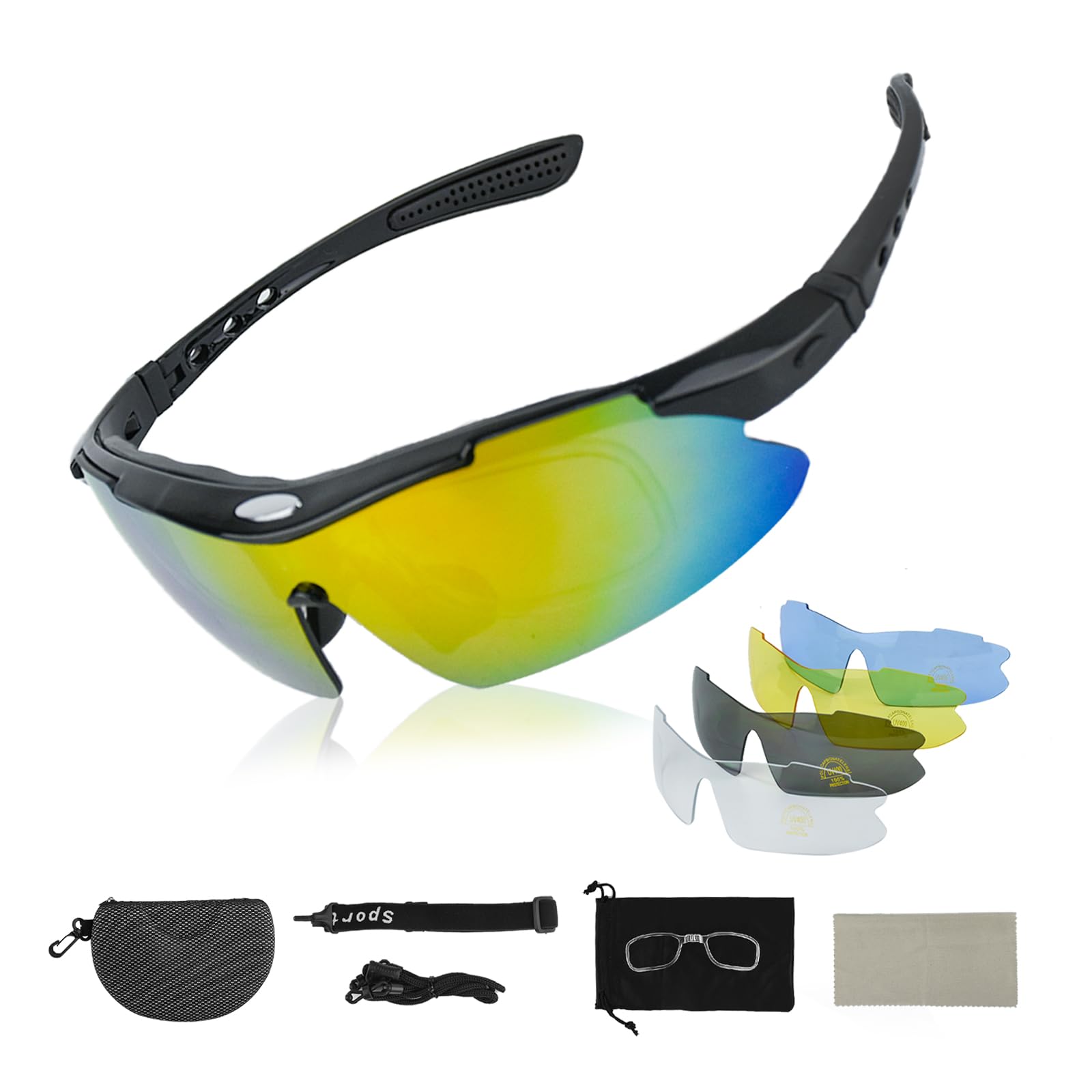 Zequech Polarized Cycling Glasses, 5 Different Scene Functions'S Interchangeable Lenses, Outdoor Sport Detachable Glasses Cord Headband, for Driving Night Rain Low Visibility Fishing (Black Frame)