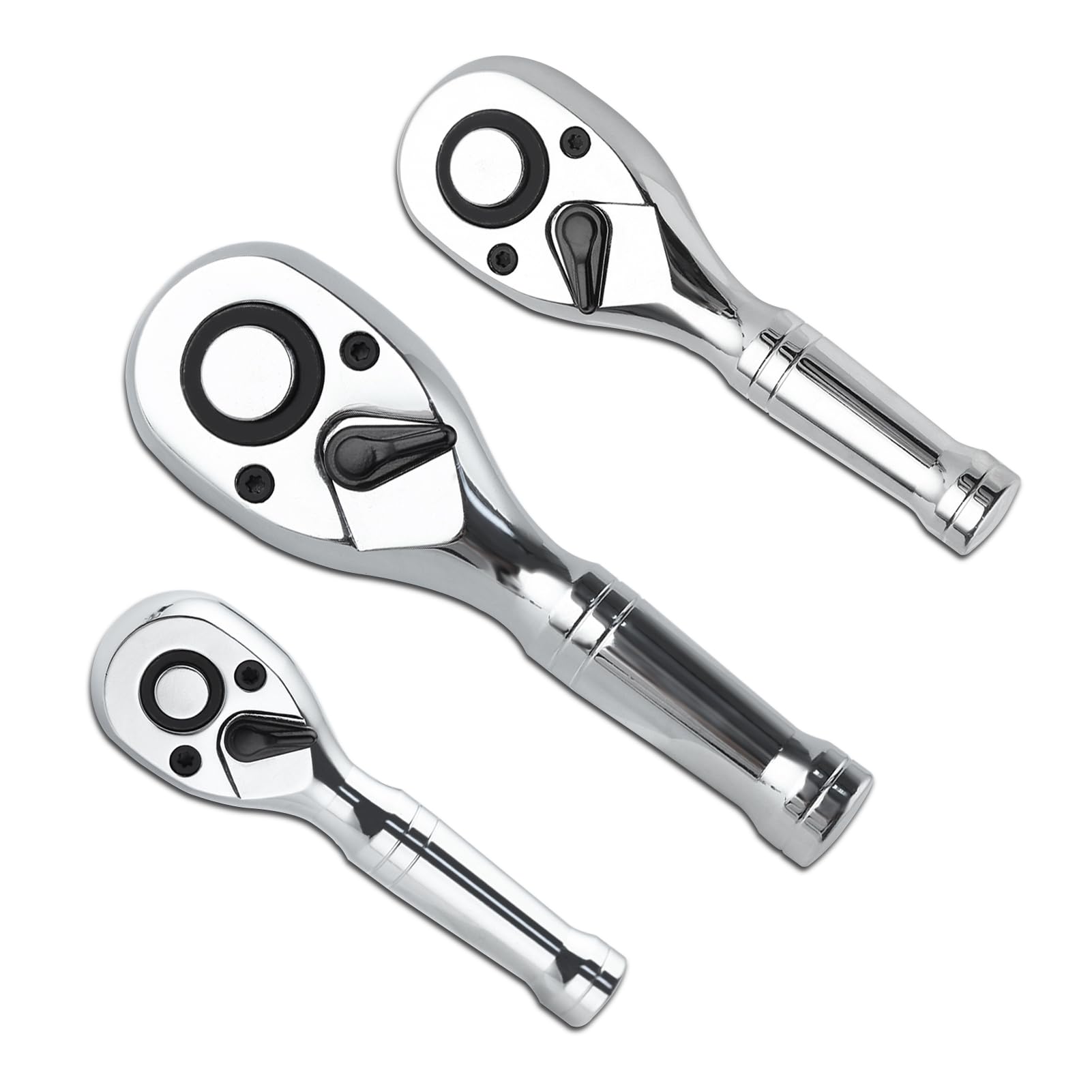 LEONTOOL 3-Piece Mini Ratchet Wrench Set, 1/2", "3/8", "1/4" Stubby Ratchet, 72-Tooth Reversible Quick-Release Small Ratchet, Durable CR-V Steel Full Polish Small Socket Wrench for Tight Space