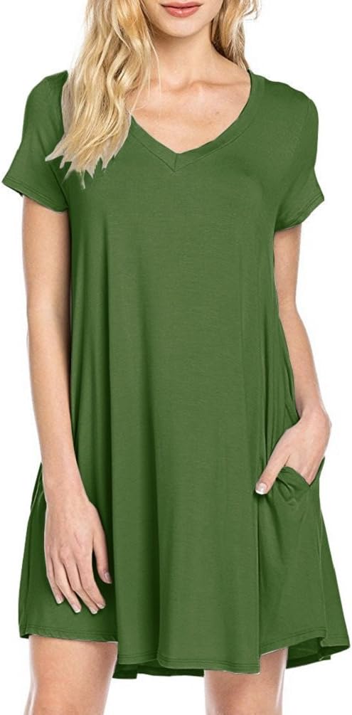 Jouica Womens Swing Short Sleeves Loose Comfy Flattering Dress (Army Green S)