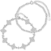 14K Gold Plated Bracelet Set for Women 2Pcs Personalized Stackable Square and Clover Bracelet Adjustable Cubic Zirconia Tennis Bracelet Set Trendy Gifts for Women