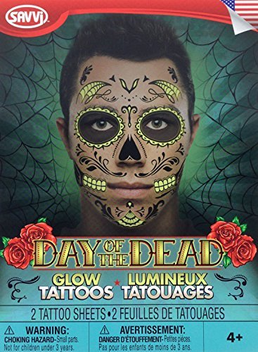 Day Of The Dead Glow In The Dark Sugar Skull Face Tattoo Kit For Men Or Women