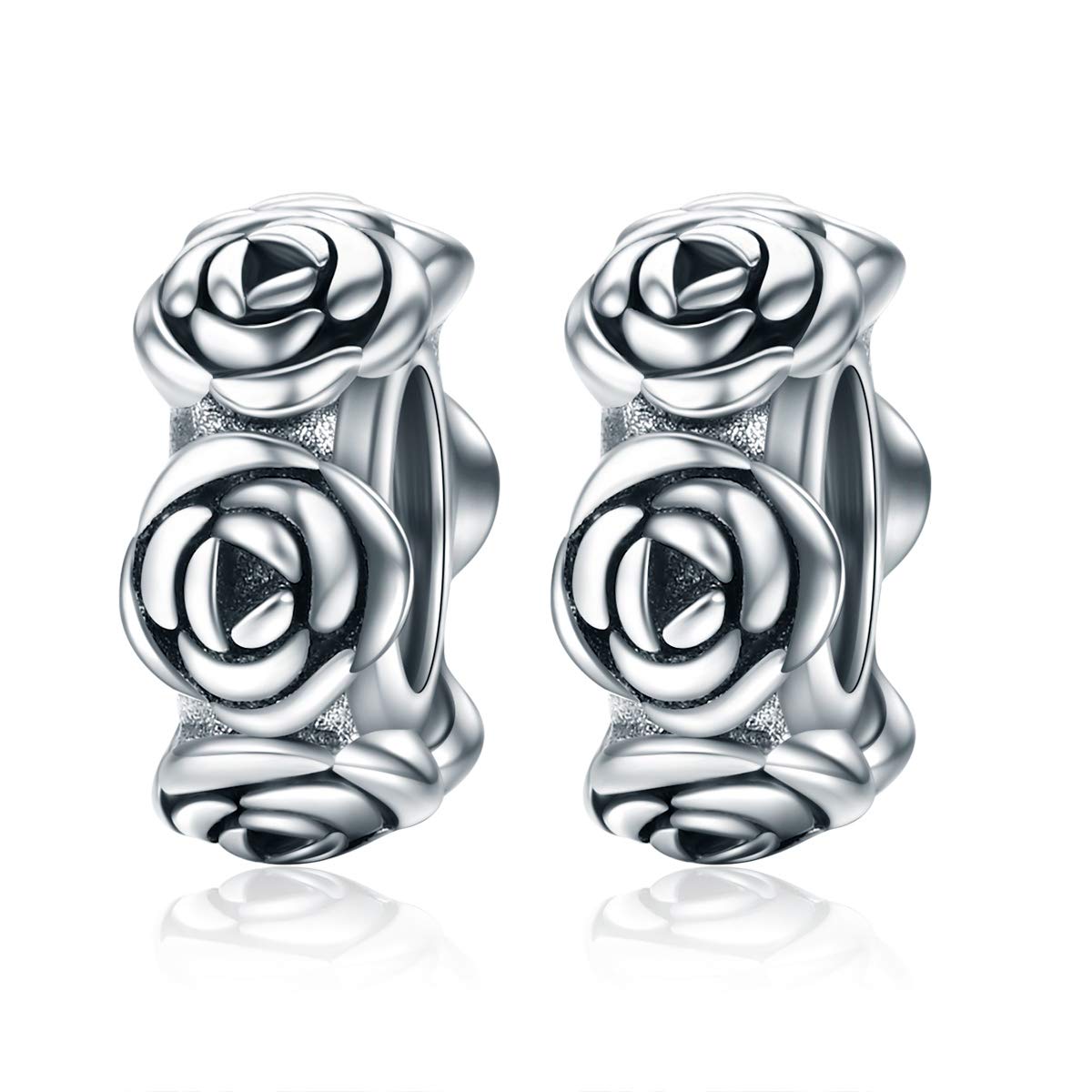 Spacer Charm 925 Sterling Silver Stoppers Beads Rubber Spacer Charms for Pandora Style Bracelet (Spacer Charm - Rose Charms)
