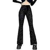 FEOYA Gothic Black Lace Flare Pants for Women Elastic Waist Victorian Bell Bottoms Mesh Punk Disco Pant