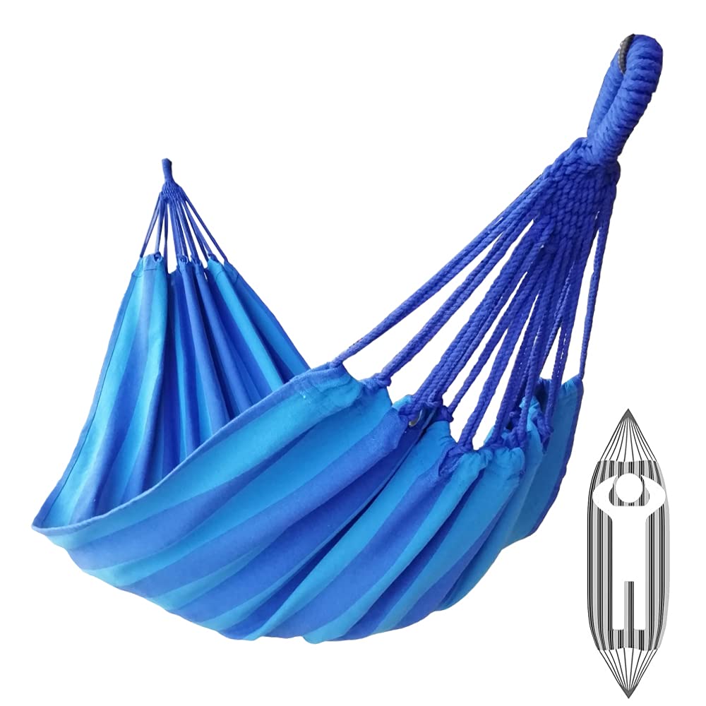 GOCAN Brazilian Single Hammock 1 Person Canvas 200X100cm Total Length 310cm Load 250kg Cotton Hammock for Patio Porch Garden Backyard Lounging Outdoor and Indoor (Peacock Blue)