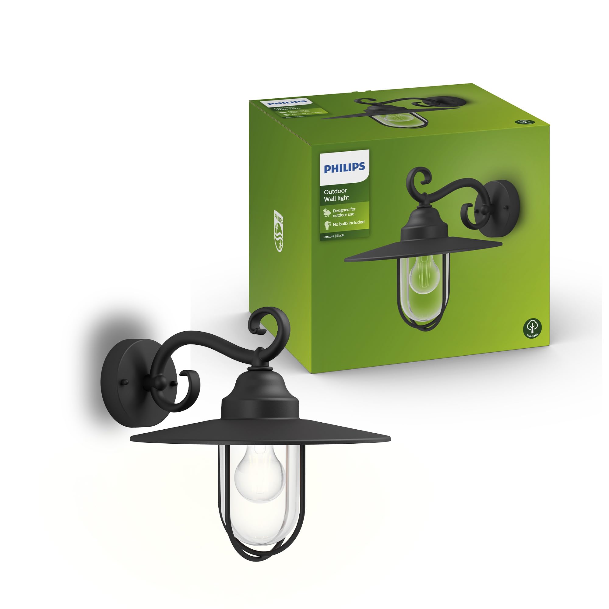 Philips Pasture Outdoor Wall Light, IP44 Weather-resistant, Durable, Aluminium, Classic Design, Black, E27 Bulb Sold Separately