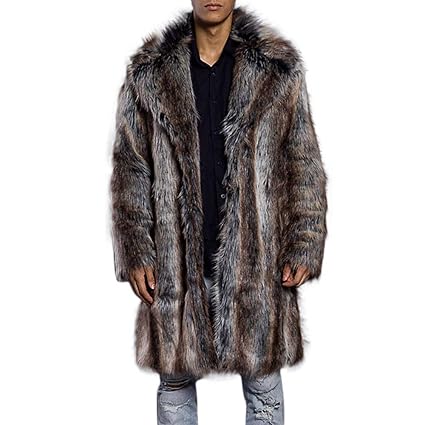 Celucke Mantel Herren Lang Pelzmantel Kunst Felljacke,Männer Winterjacke Parka Kunstpelz Lange