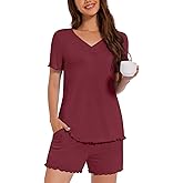 ALIGADUO Womens Summer Comfy V Neck Sleepwear Pjs Casual Two Piece Pajama Set With Pockets