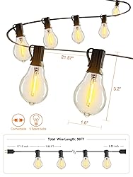 DAMAING LED String Lights Outside 36FT Weatherproof