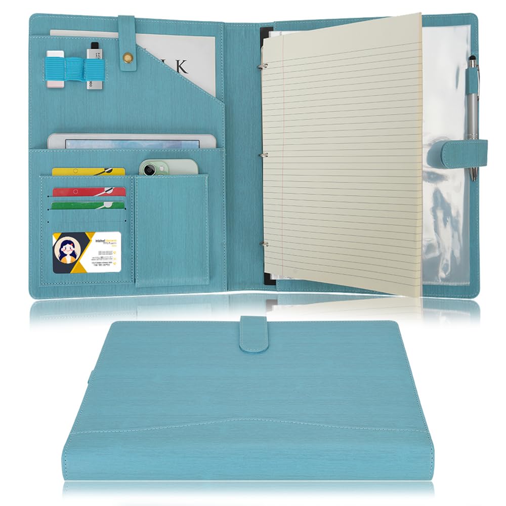 Wonderpool A4 PU Leather Portfolio Holder Ring File Document Case with Removable Binder Clipboard, Multi Pocket and Legal Pad for Business Organizer Interview and Meeting (Light Blue)