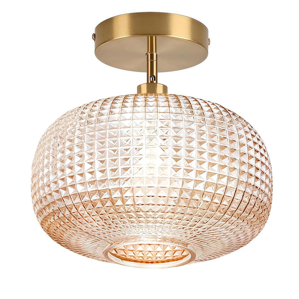 Photo 1 of Jolydoly Semi Flush Mount Ceiling Light,Vintage Small Ceiling Light Fixture,Hallway Lighting Fixture with Amber Glass Shade,Art Deco Kitchen Lighting Fixtures Ceiling for Bedroom,Bathroom,Porch