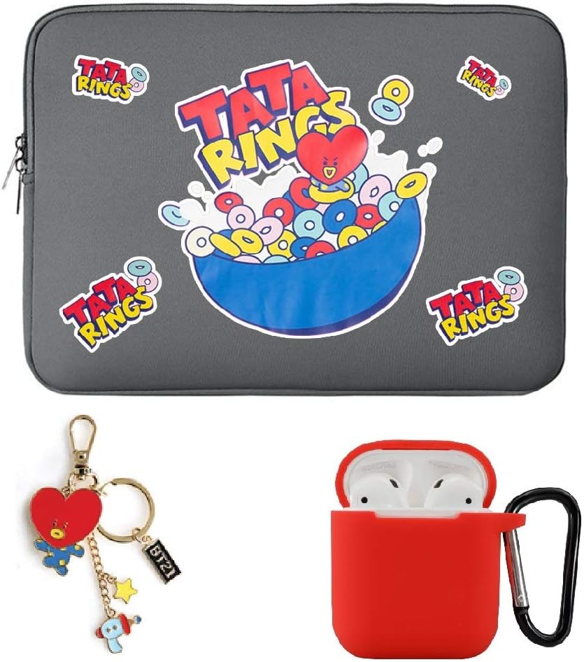 Kpop BTS Bangtan Boys Cartoon Cute Zipper Tablet Sleeve Case for 14" 15.6 inch Notebook, with Keychain and Airpod Case (14 inch, TATA)