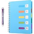 Kesoto A5 Lined Notebook with Multicolored Pen Wire Spiral Subject Notebook Journal with 5 Divider Tabs & 6 Color Retractable Ballpoint Pen, 240 Pages, Blue