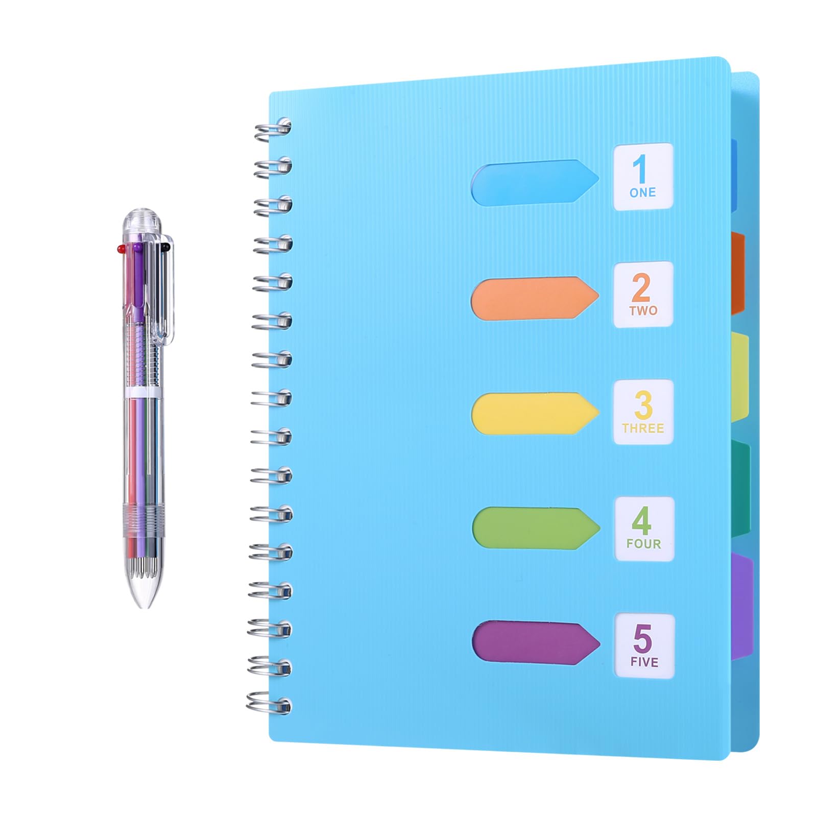 Kesote A5 Notebook with Dividers Spiral Notebooks Journal Notepad with 5 Colored Tabs& 6-in-1 Retractable Ballpoint Color Pen for Writing School Stationary Working - Blue / 240 Pages