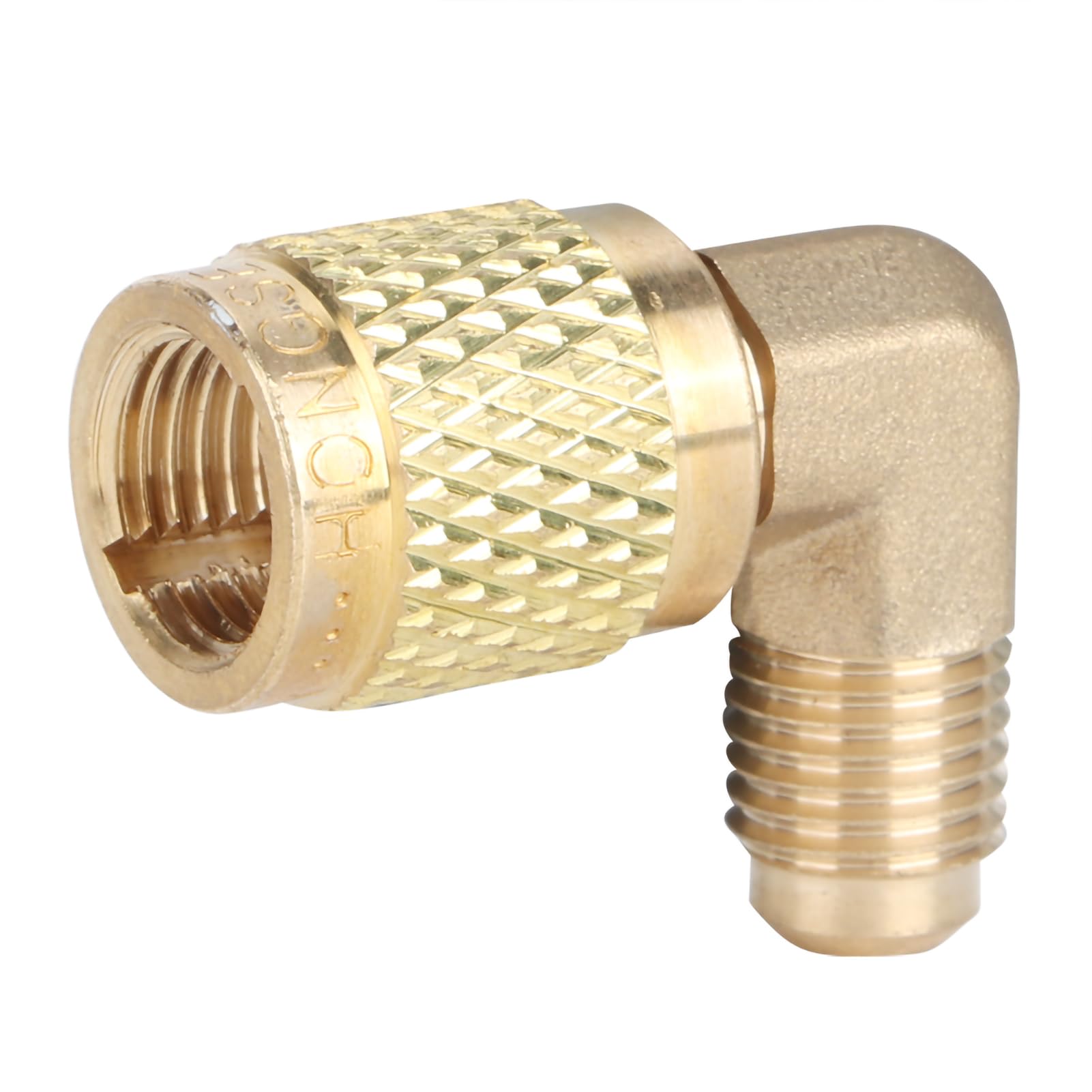 Air-Conditioner Adapter，Brass Adapter R410 Male Thread 1/4 to Female Thread 5/16 90° Adapter Connector Cooler Air-Conditioner Accessory 1.5x1.2in
