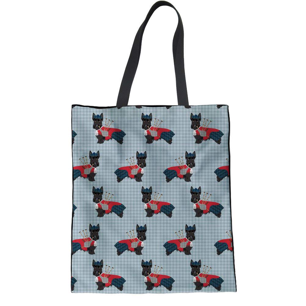 HUGS IDEA Cloth Canvas Bag Shoulder Bags Scottish Terrier Check Pattern Ladies Eco Reusable Shopping Tote