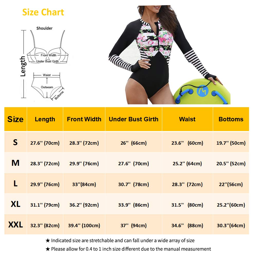 Women\'s Long Sleeve Front Zipper Print one-Piece, Sun Protection, uv Protection, surf Protection (L) Black