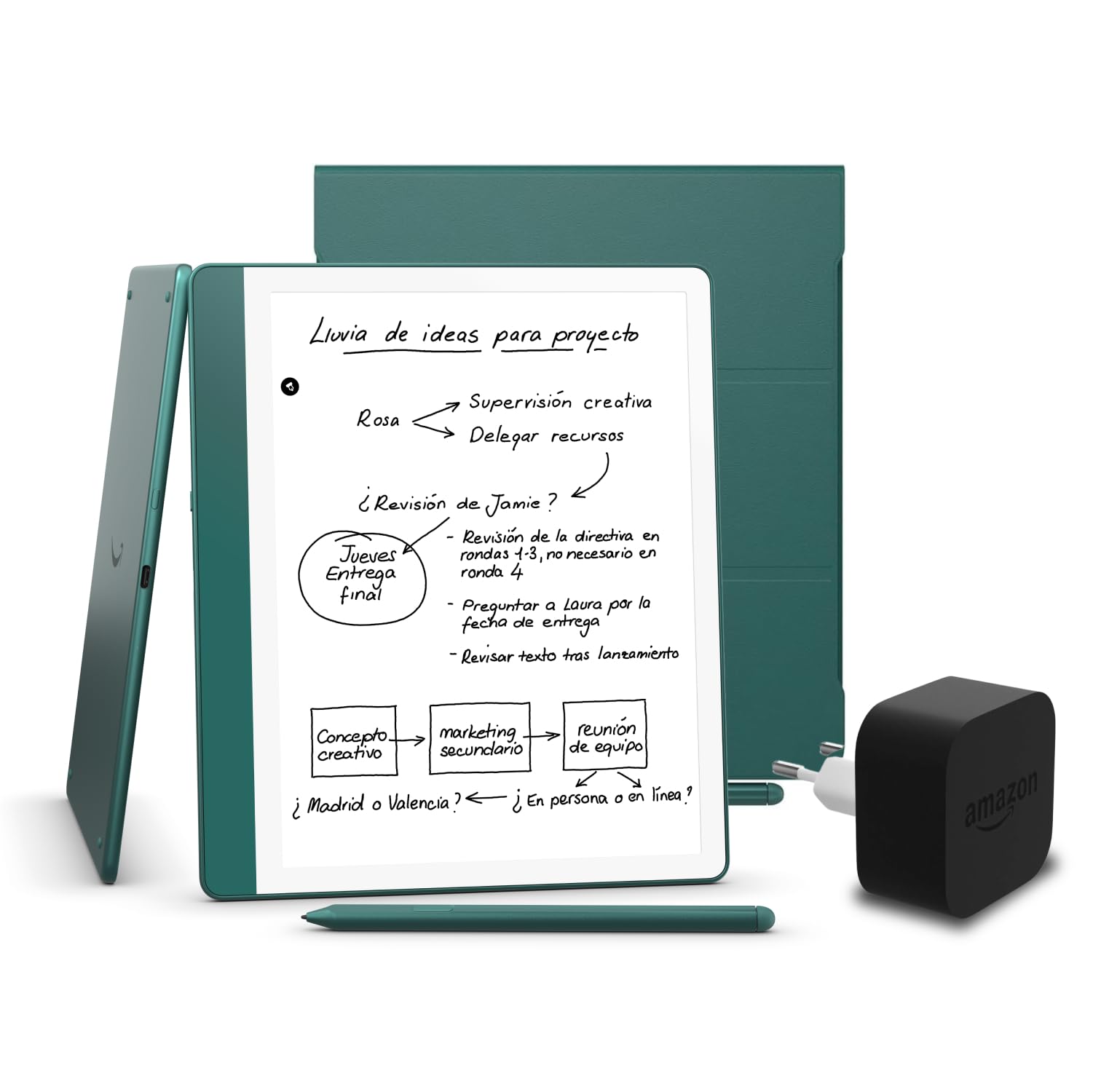 Kindle Scribe (versión 2024) de 64 GB, una funda basada en plantas de Amazon y un adaptador de corriente Amazon Powerfast de 9 W
