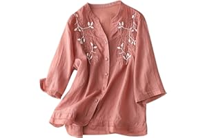 KEGIRLOM Tunic Tops for Women Loose Fit,Womens Floral Embroidery Linen Shirts 3/4 Sleeve V Neck Tees Cute Summer Flowy Blouse