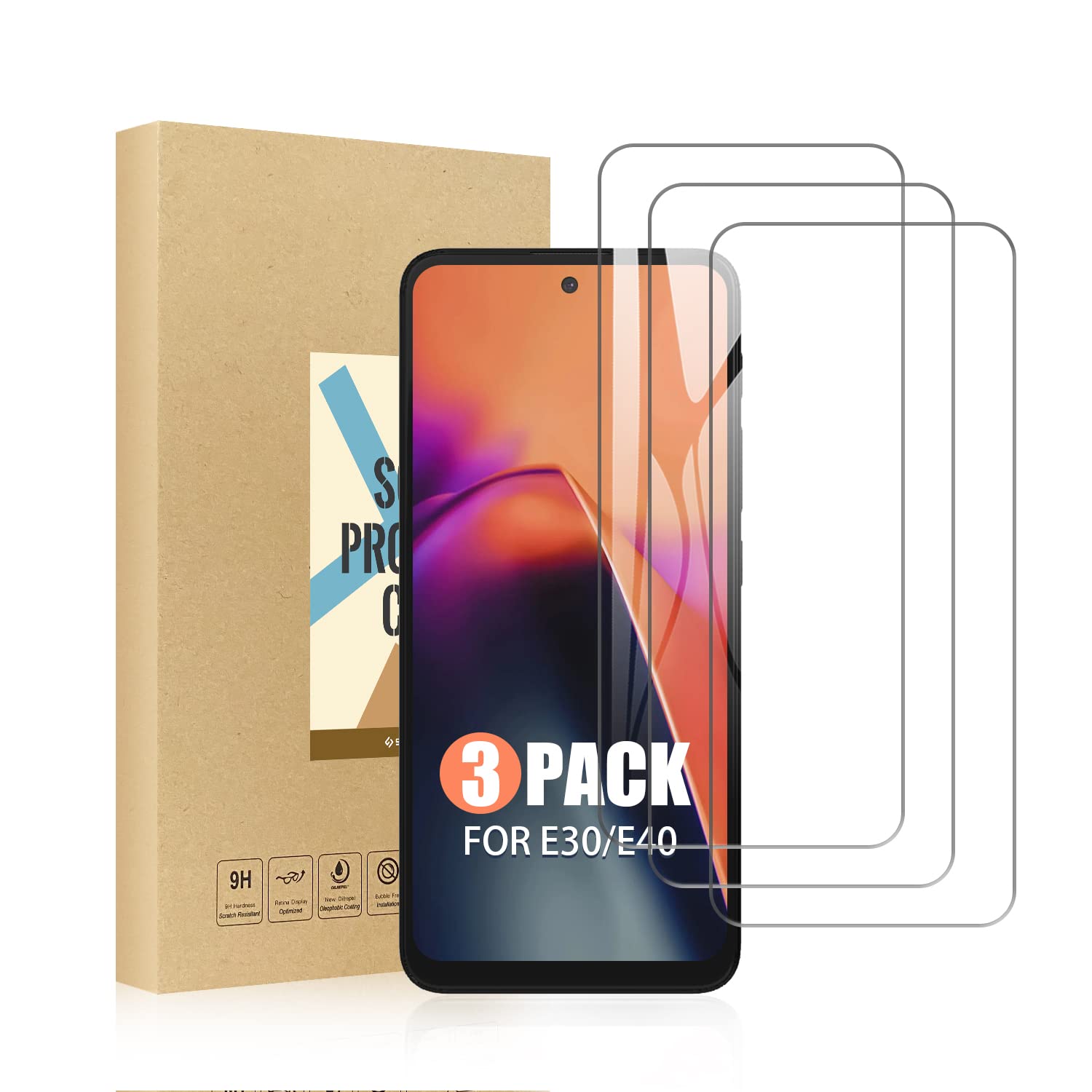SCL Screen Protector for Motorola Moto E30 / E40 Screen Protector Motorola E30 / E40 Tempered Glass Film [3-Pack], Anti-Scratch, Less-Fingerprint, Case Friendly, 9H
