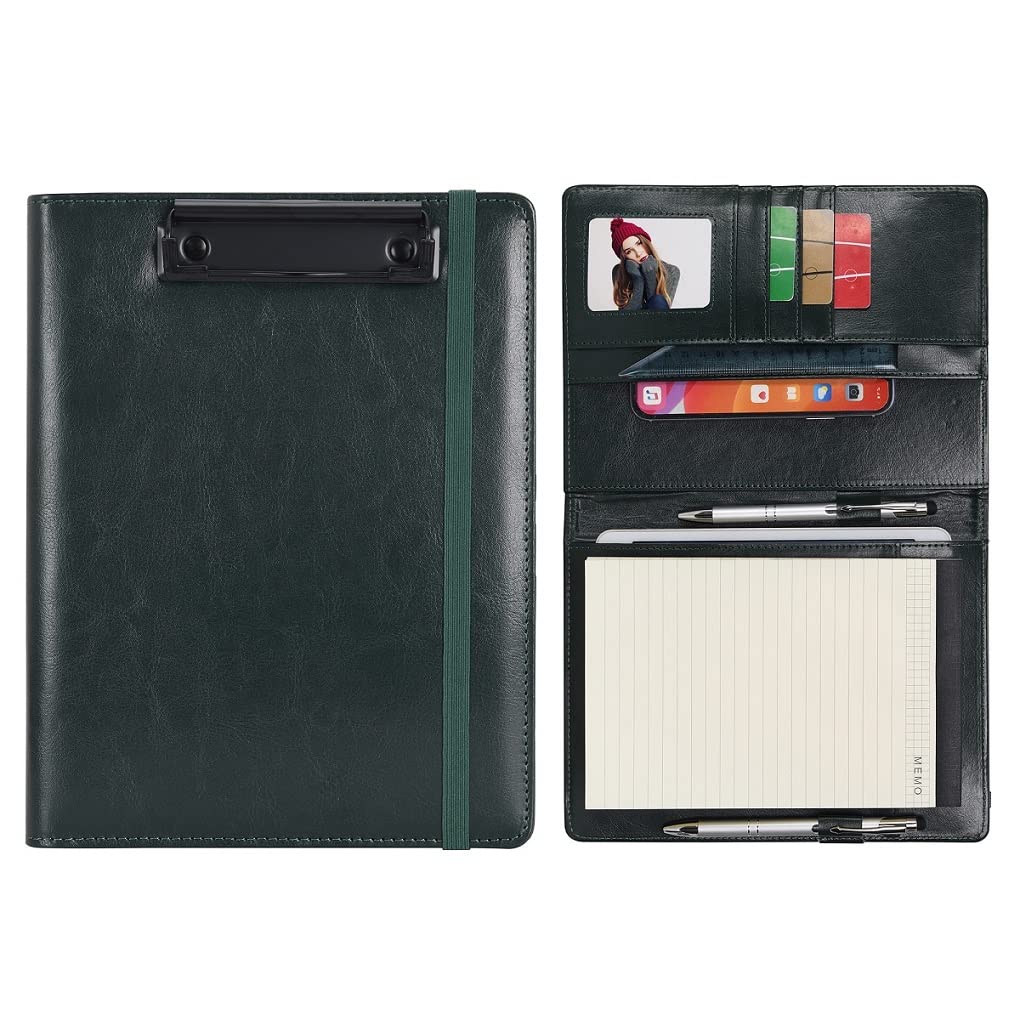 Wonderpool A5 Faux Leather Clipboard Partfolio Recipe Binder Notepad Forms Holders Document Case - Interview Planner Meeting Writing Padfolio File for Office Travel School Hotel Restaurant (A5,Green)