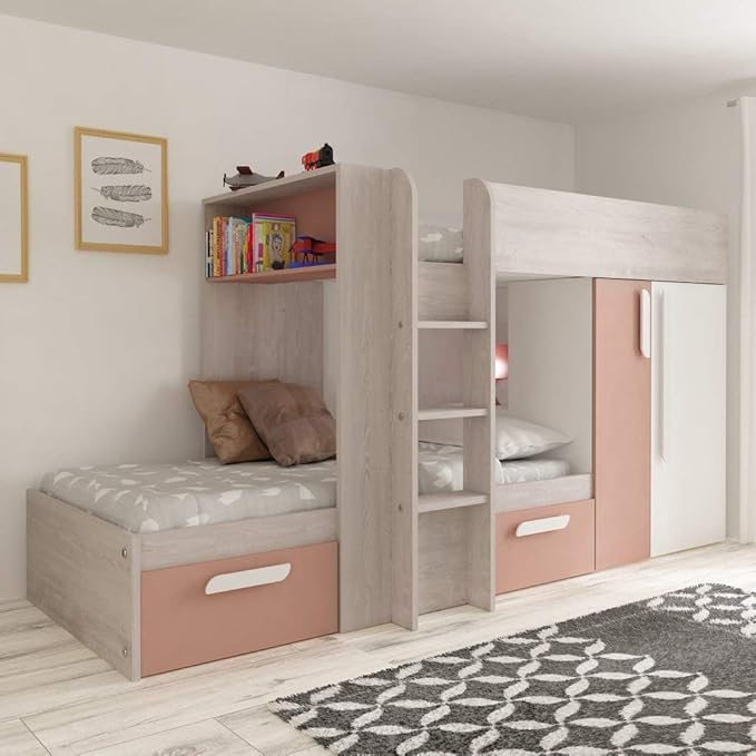 staggered bunk beds with storage