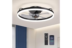 LUDOMIDE Ceiling Fans with Lights, Flush Mount Ceiling Fan with Lights and Remote, 6 Wind Speeds Low Profile Ceiling Fan for Bedroom, Kids Room and Kitchen 20" (Black)