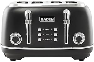 Haden Heritage 4 Slice Wide Slot Stainless Steel Toaster with Adjustable Browning Control & Non-Slip Feet, Black & Chrome