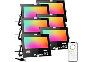 CHANGM LED Flood Lights RGB Color Changing 300W Equivalent Outdoor, 30W Bluetooth Smart RGB Floodlight APP Control, IP66 Waterproof, Timing, 2700K&16 Million Colors 23 Modes for Garden Stage Lighting 6 Pack