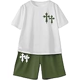 BEAUDRM Boy's 2 Piece Outfit Cross Graphic Short Sleeve Tee Shirt and Shorts Set Sport Tracksuit