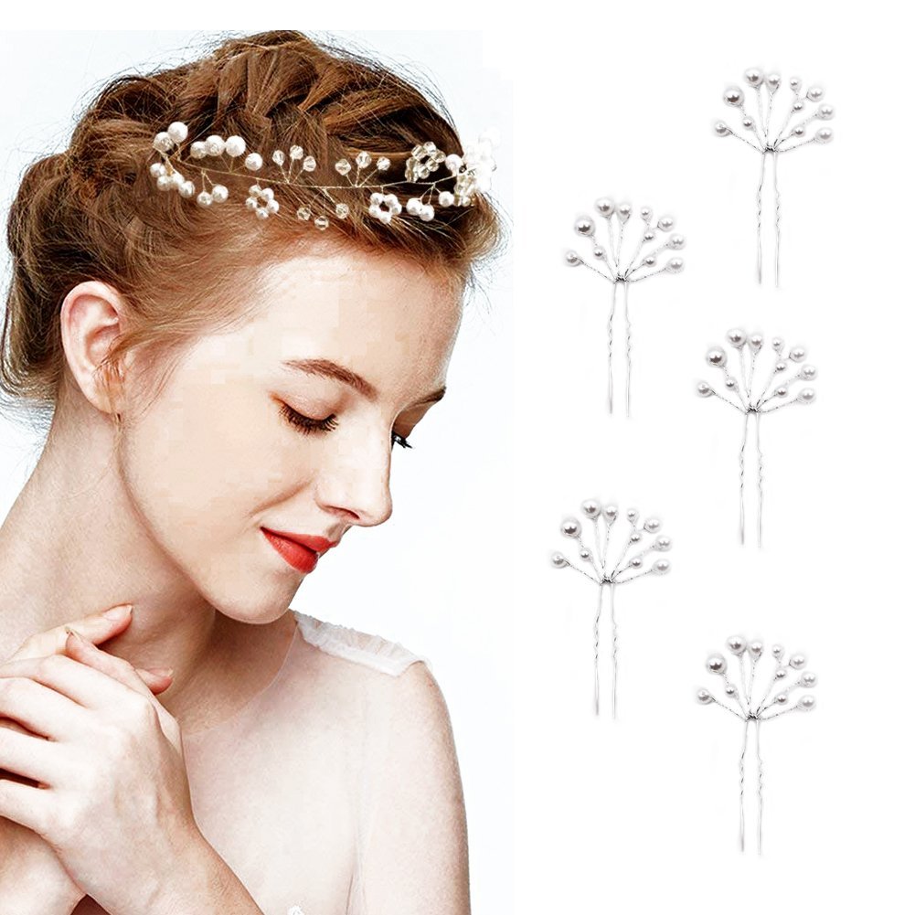 6 pcs Wedding Hair Accessories, Bridal Pearl Headband, Crystal Rhinestone Hair Wreath with Wedding Hair Pins for Bride and Bridesmaids