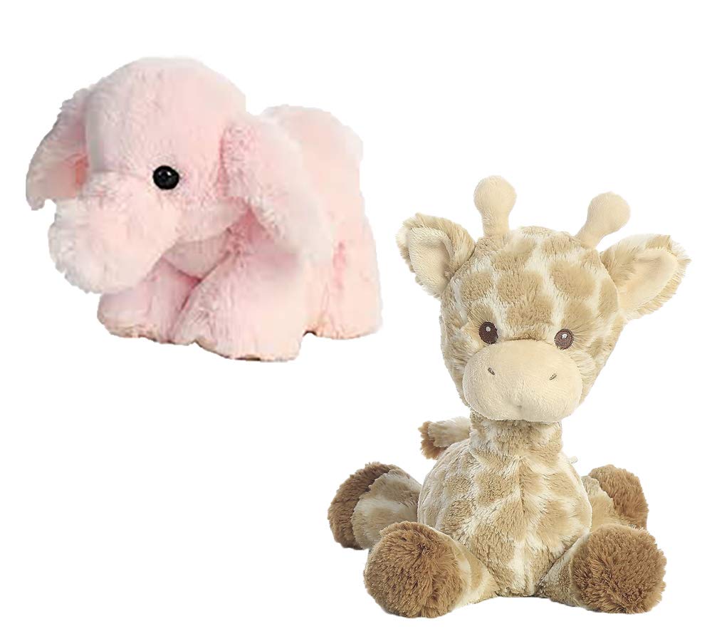 Aurora Ebba Plush Rattle Bundle -Lil' Benny Phant (Pink) and Loppy Giraffe (Mini's) - Set of Two - 6"-8"