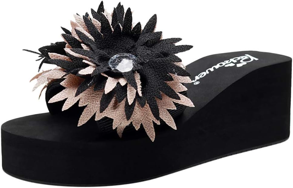 HIKO23 Wedges Sandals for Women Fashion Floral Beaded Strap Platform Summer Outdoor Beach Shoes Casual Flip Flops