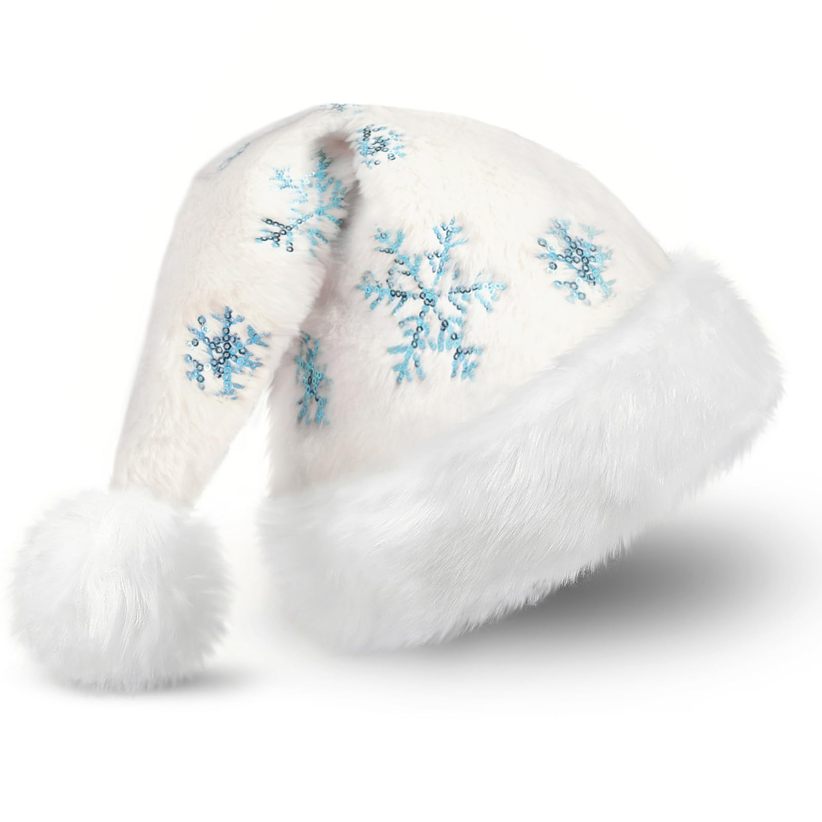 CITÉTOILE White Santa Hat for Adults, Plush Christmas Hat for Women and Men, Warm and Thick Santa Claus Hat with Blue Sequins Snowflake