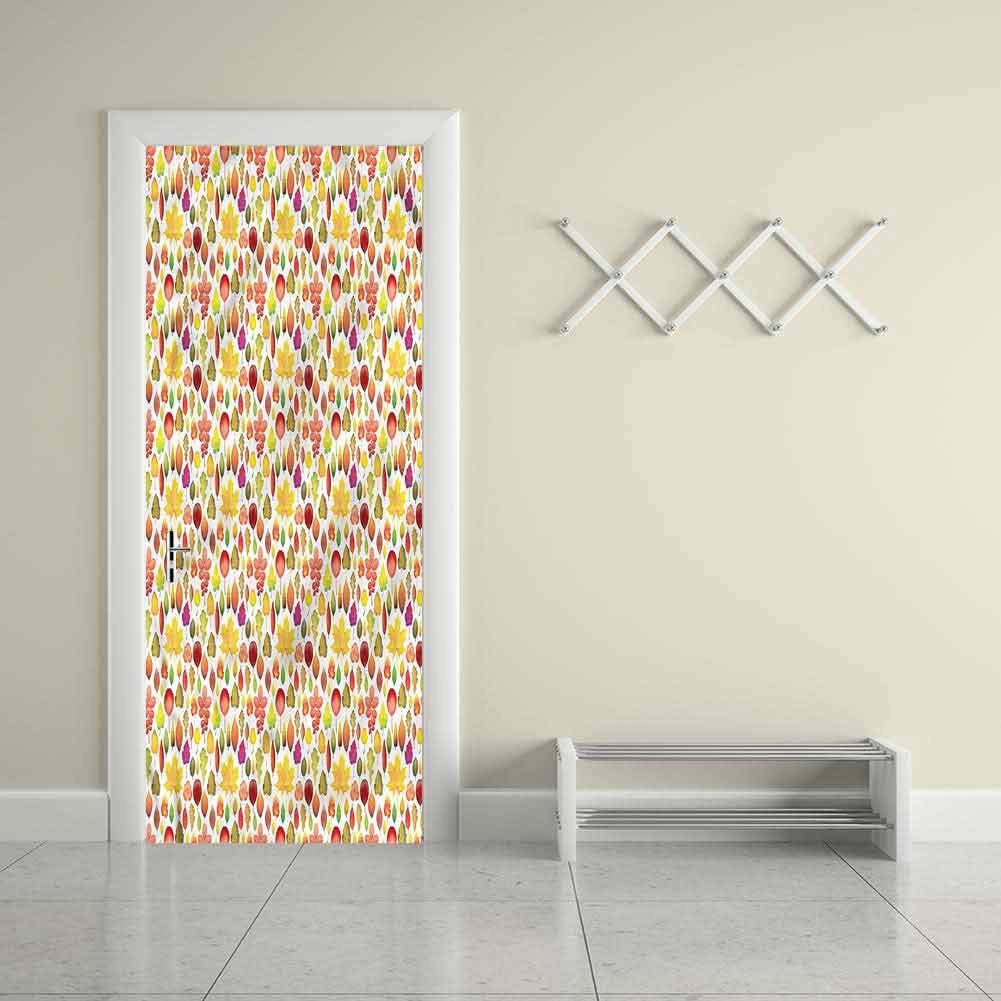 Customized Eco-Friendly Door Sticker Autumn,Colorful Leafage WoodlandDecor PVC DIY Adhesive Wallpaper Waterproof Mural Decals 23"W x 70"H