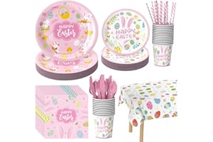 erichbow Plates and Napkins Disposable, 258 Pcs Happy Easter Eggs Bunny Design Party Supplies for 32 Guests, including Paper Plates, Napkins, Cups, Forks,Spoons,Knives and Straws Tableware Set
