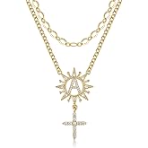 TANTIUE Letter Necklaces Sunflower Cross Necklace for Women 14K Gold Plated Cubic Zirconia Sunflower Initial Layered Cross Pendant Necklace A - Z Initial Jewelry for Women
