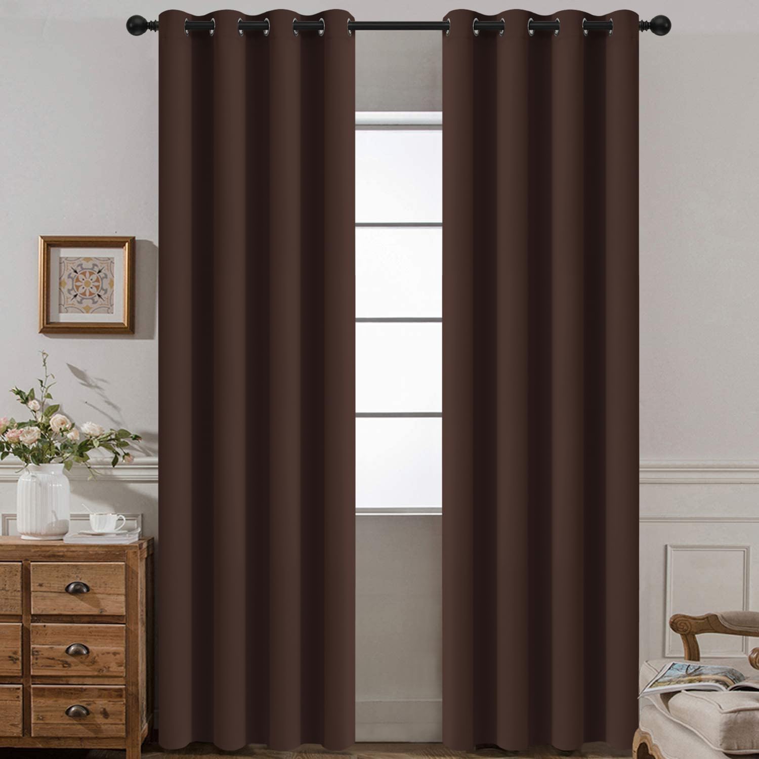 Yakamok Blackout Curtains Room Darkening Thermal Insulated Window Panels,Solid Grommet Top Drapes for Bedroom/Living Room(52Wx90L, Chocolate Brown, 2 Panels) Image