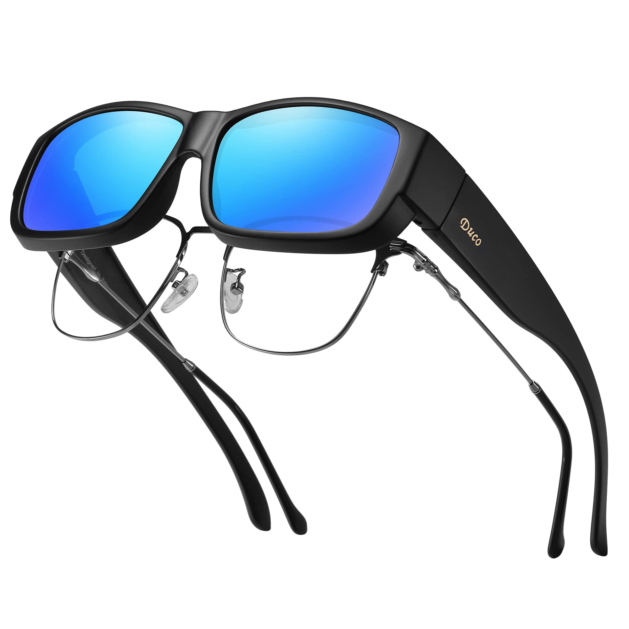 DUCO POLARISED OVERGLASSES Wraparound Fit Over Glasses for Myopia 8956 (Black Frame Revo Blue Lens)