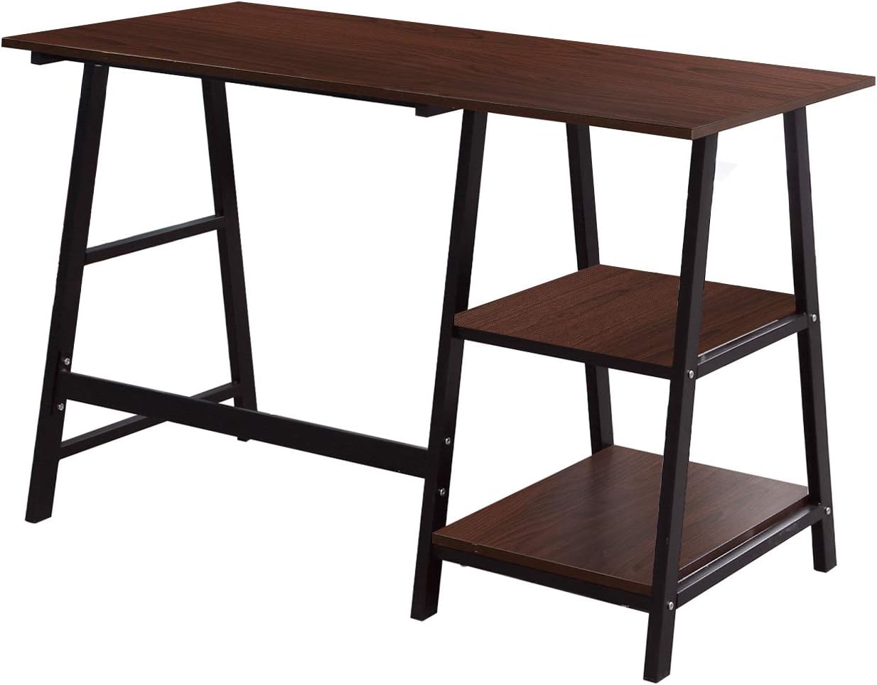 Soges Computer Desk Trestle Desk Writing Home Office Desk Hutch Workstation with Shelf, Walnut & Black 47 Inches CS-Tplus-120WB