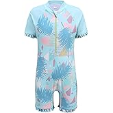Girls Short Sleeve Rash Guard One Piece Swimsuits Zipper Front Bathing Suit Sun Protection 3-16 Years