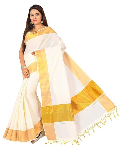 Women's Kasavu Cotton Blend Saree With Blouse Piece (Niranj_White)